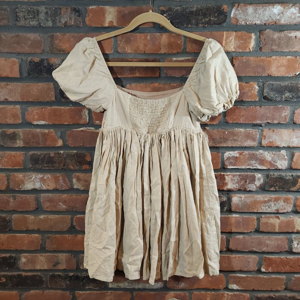Mable Marlowe Tan Puff Sleeve Mini Peasant Babydoll Dress Cottagecore Women's S - Picture 7 of 9